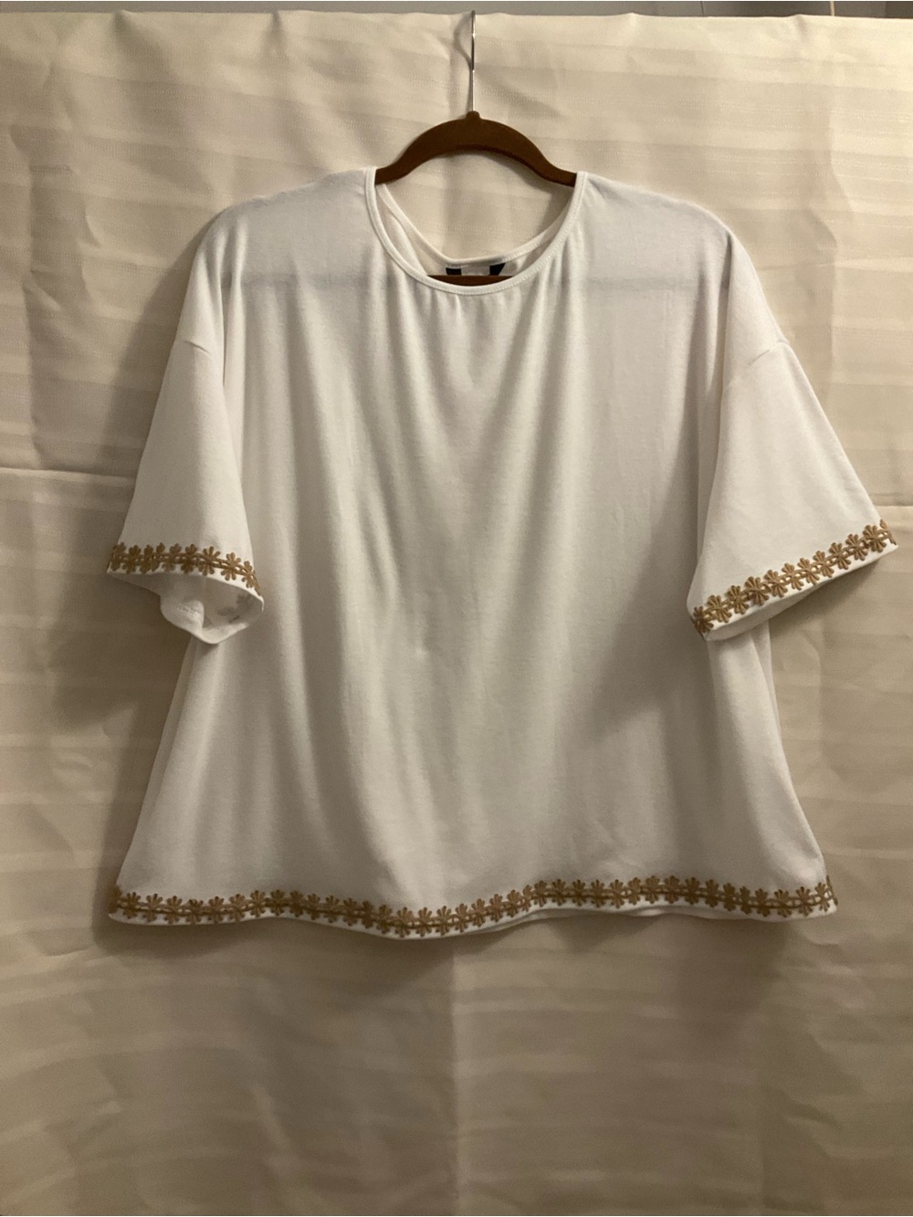 Women's White Short Sleeve Tee with Gold Embroidered Trim